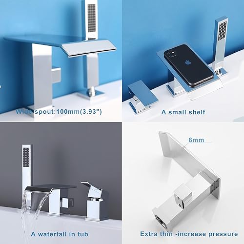 Vista 20 de Grifo de bañera romana en cascada con ducha de mano, grifo de bañera negro mate, 3 agujeros, relleno de bañera generalizado, montaje en cubierta