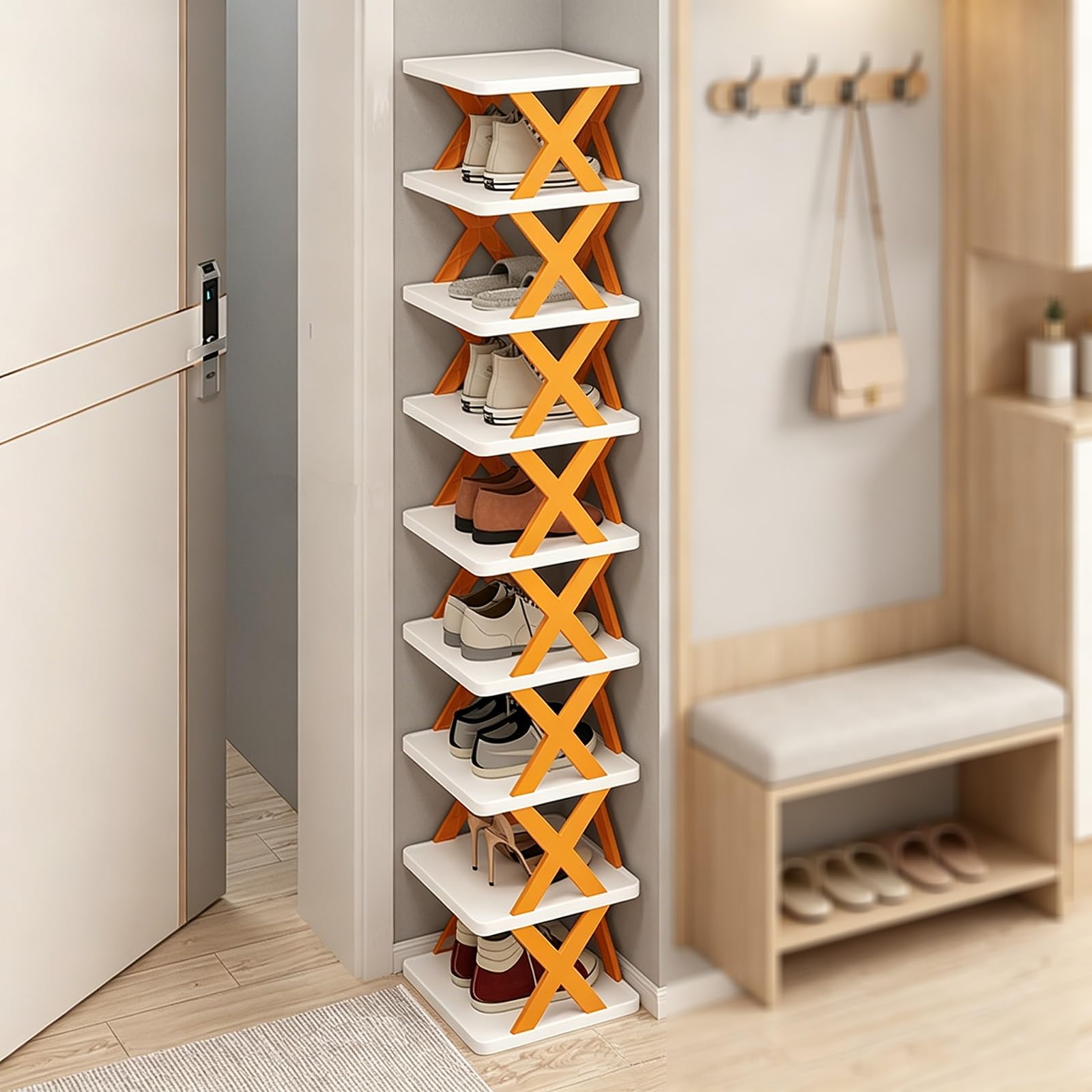 TELCIM 9-Tier Vertical Foldable Shoe Rack, Freestanding Shoe Storage Organiser, Multi Layer Shoe Tower Display Shelf for Hallway Entrance(Orange)