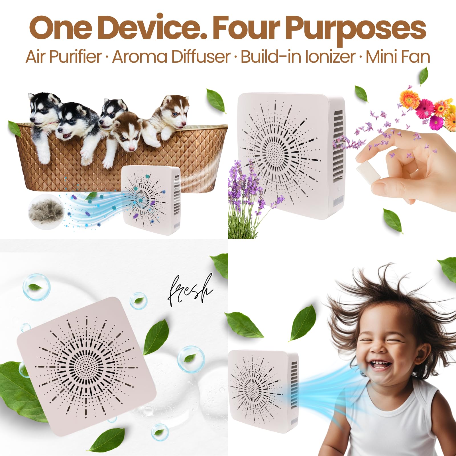 Desktop Air Purifier & Fan Combo with HEPA, Aroma & Ionizer – 3 Wind Speeds Blow Cool Air to Your Face, Perfect for Hot Summer, Bedroom, Office, Travel, Gifts (White)