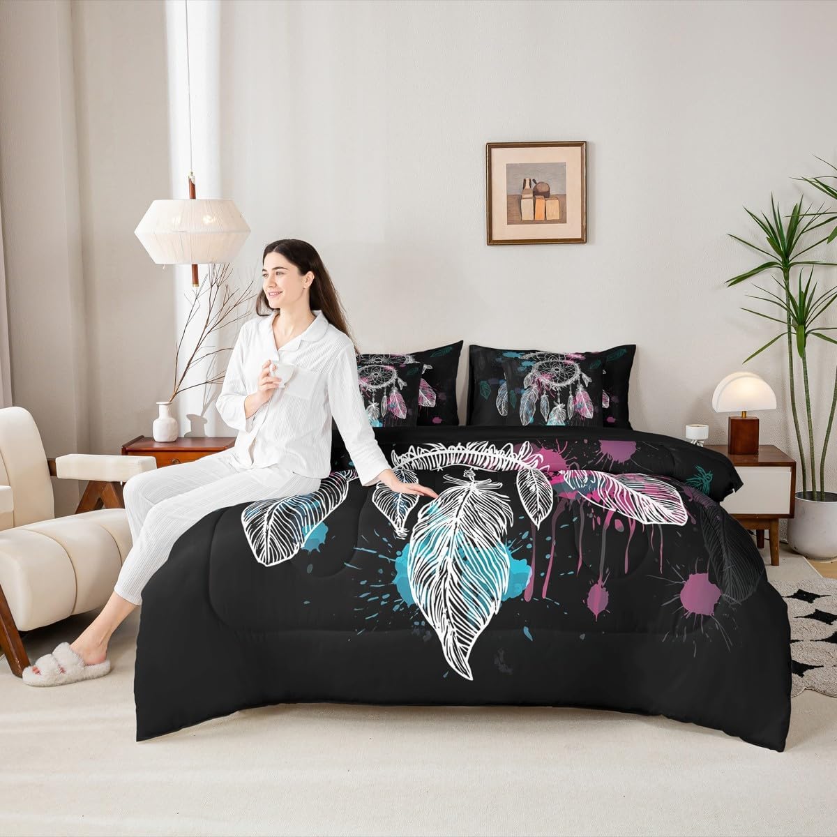 Erosebridal Dream Catcher 7 Piece Bedding Set Full Bohemian Mandala Comforter Set with Sheets Feathers Exotic Indian Style Bed in A Bag Kids Boys Girls Teens Bed Sets