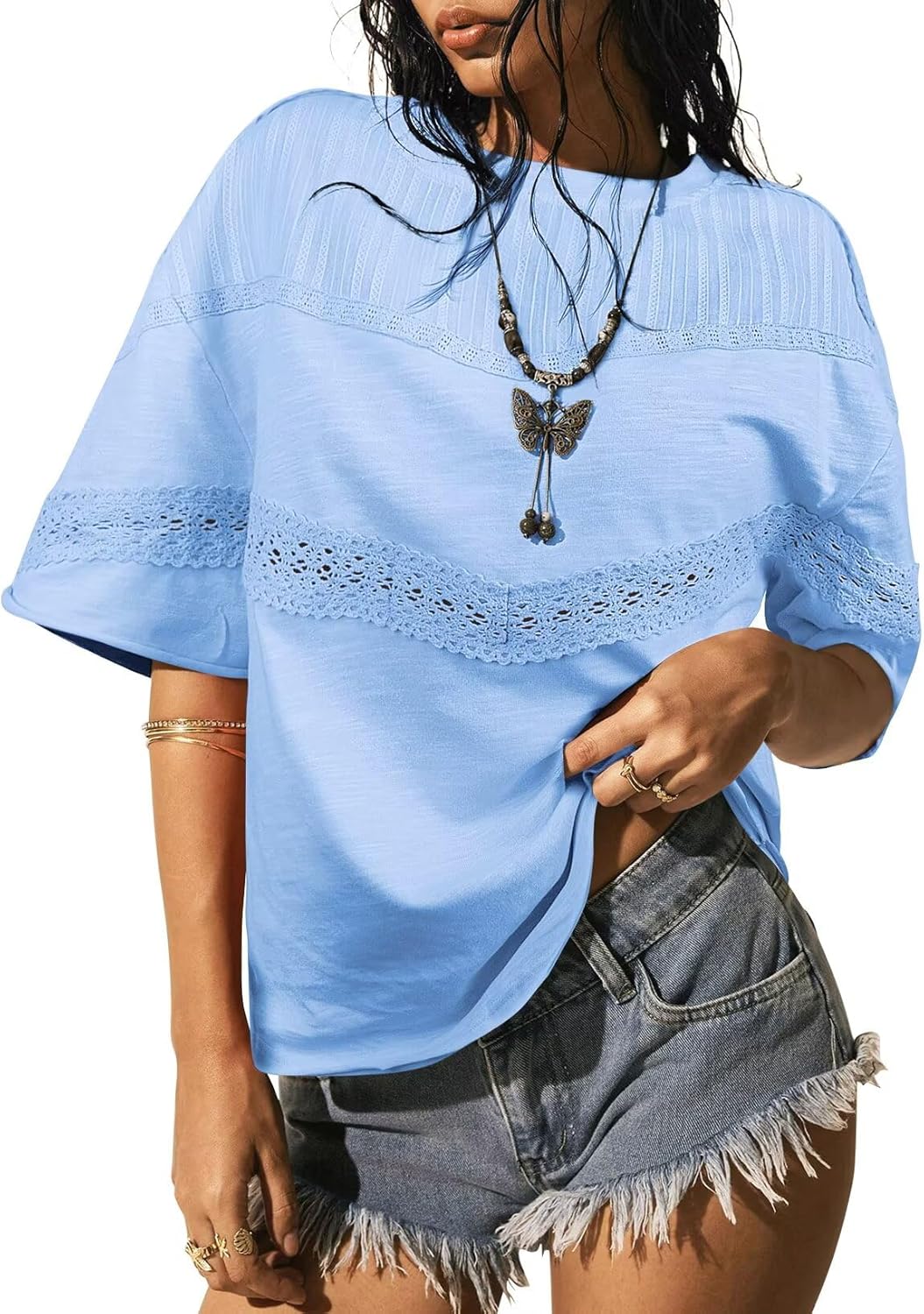 Womens Summer Tops Oversized Short Sleeve Boho Casual Shirts Flowy Lace Crochet Eyelet Loose Blouse Trendy 2025