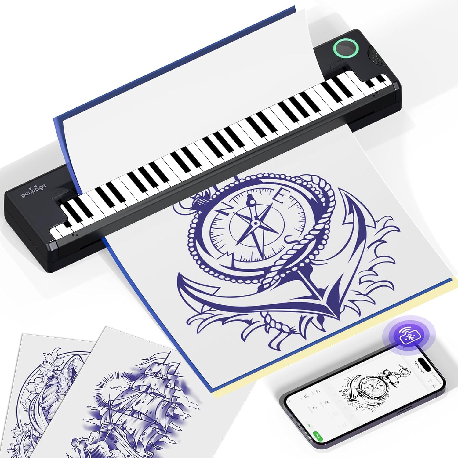 PeriPage Pino Termocopiadora Tattoo, Impresora Termica Tattoo por Transferencia para Principiantes/Artistas, Impresora de Tatuajes Térmica Compatible con Teléfono PC, con Papel Transferencia 5 Piezas