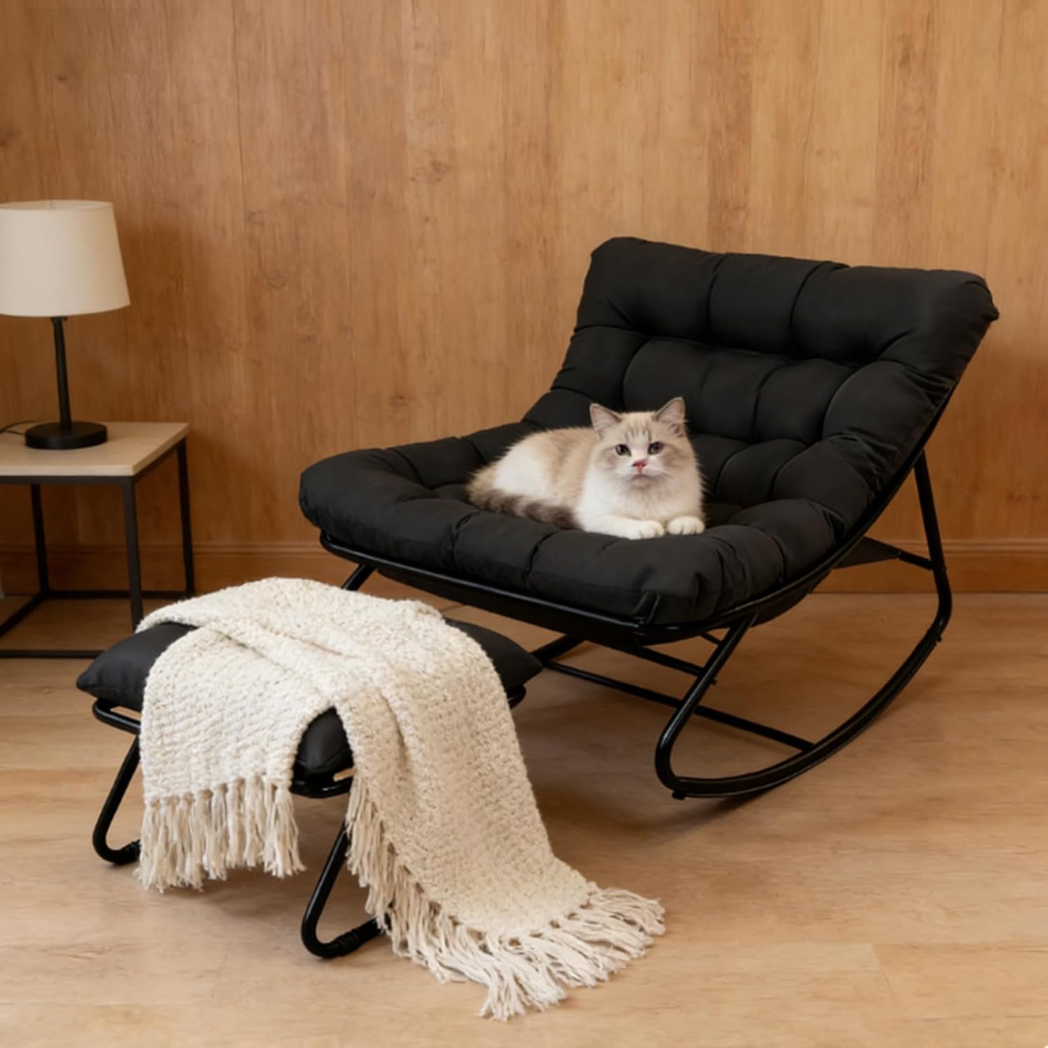 Patio Rocking Chair Outdoor and Indoor, Comfy Patio Rocker, Modern Metal Lounge Rocker, Outdoor Rocker Chair, Indoor Rocking Chair with Cushion & Ottoman, for Balcony Porch Garden Living Room. (Black)