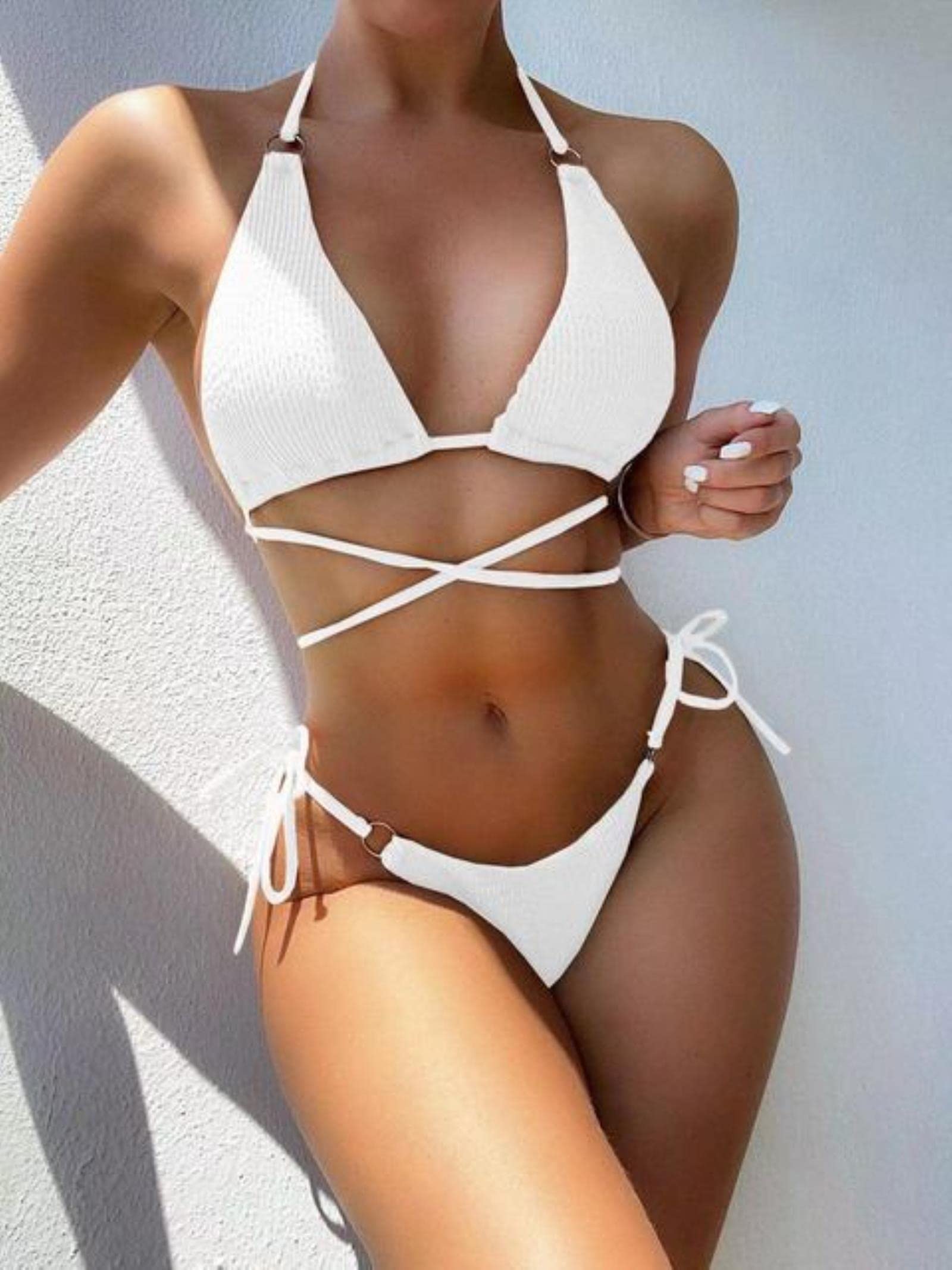 Puyyds Women's White New Sexy Swimsuits Solid Brazilian Bikini Set Low Waist Push Up Bathing Suit Beachwear Bikini Micro Swimwear