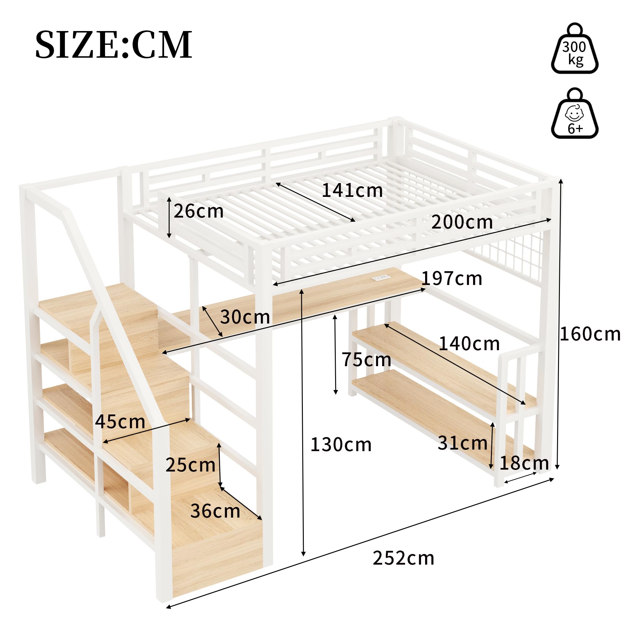 Cama alta de 140 x 200 cm, marco de hierro, estante de almacenamiento, rejilla colgante, barra de luz LED, escritorio, construcción de escaleras con espacio de almacenamiento, con 2 puertos USB y 1