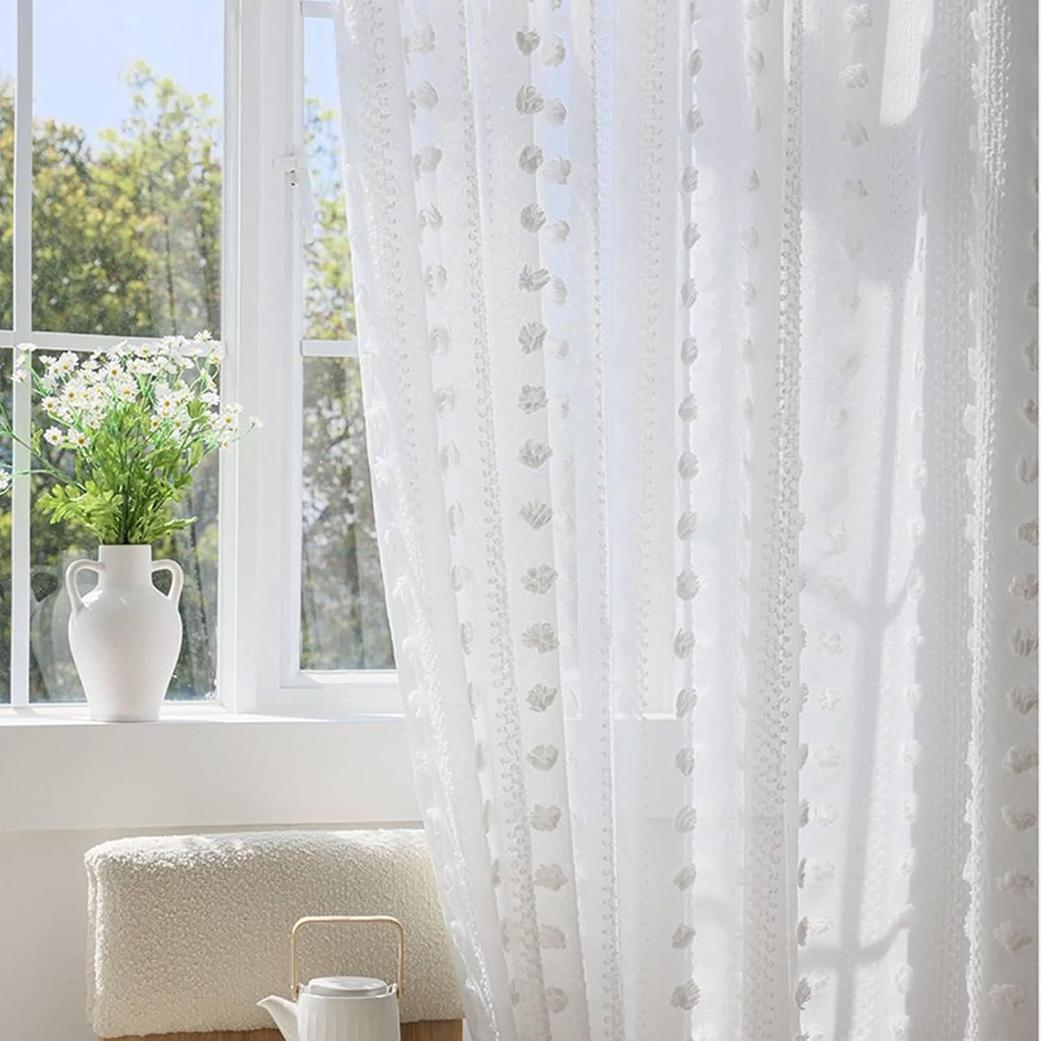 Daesar Sheer Curtains 2 Panels Set 96 Inch Length, Eyelet Transparent Curtains Solid Color 3D Striped Velvet Balls Window Voile Drapes Treatment for Bedroom Living Room, 40x96 Inch White