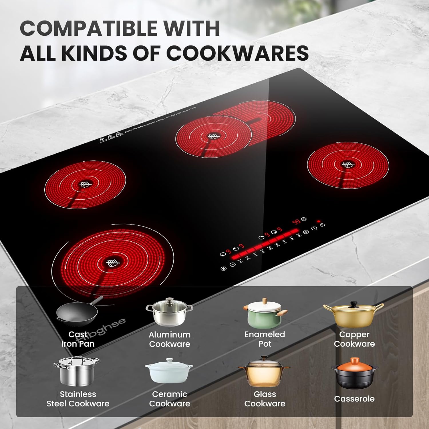 30 Inch Electric Cooktop, Built-in Ceramic Cooktop 4 Burner Stove Top, Radiant Cooktops with Glass Protection Metal Frame, Timer & Safety Lock, 220-240V, Hard Wire (No Plug)
