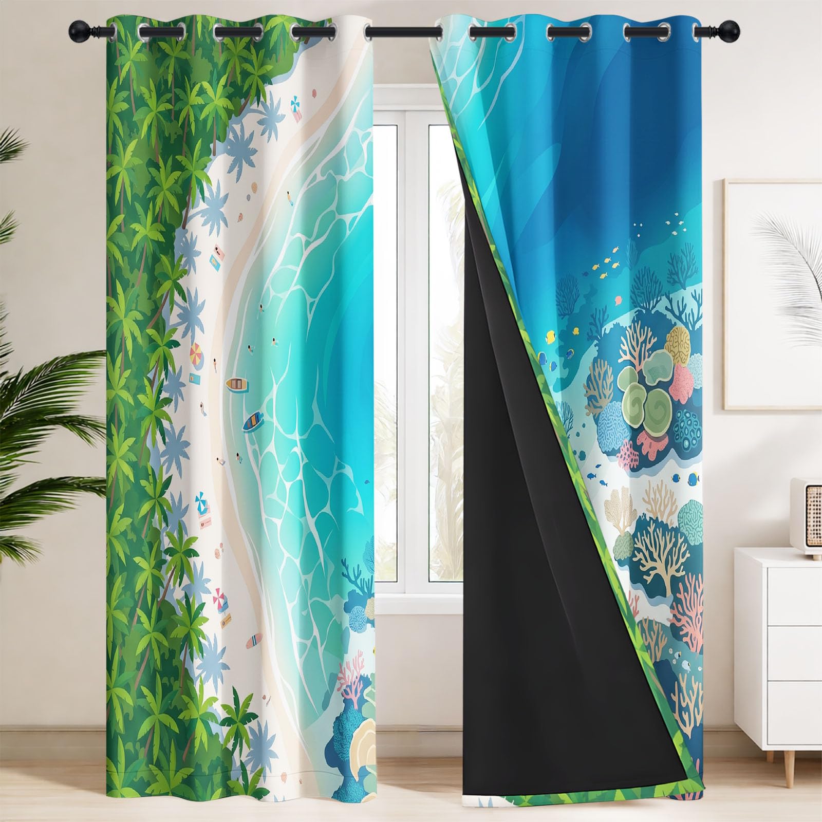 Générique Rideau Occultant Côtier Tropical 117 x 137 CM, Côte Paysage Rideaux et Draperies pour Enfants Filles Chambre Salon Rideaux de Fenêtre Thermiques Isolants