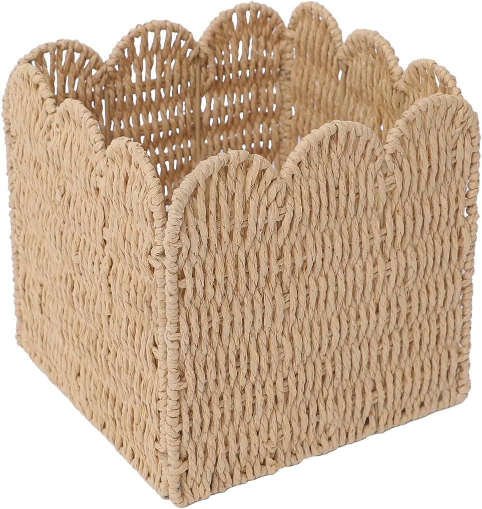 GYASVWU Paper Rope Scalloped Basket, Foldable Scalloped Storage Basket for Organizing, Woven Baskets for Storage,Wicker Baskets for Nursery/Living Room/Kitchen Organizing and Decor (Khaki)