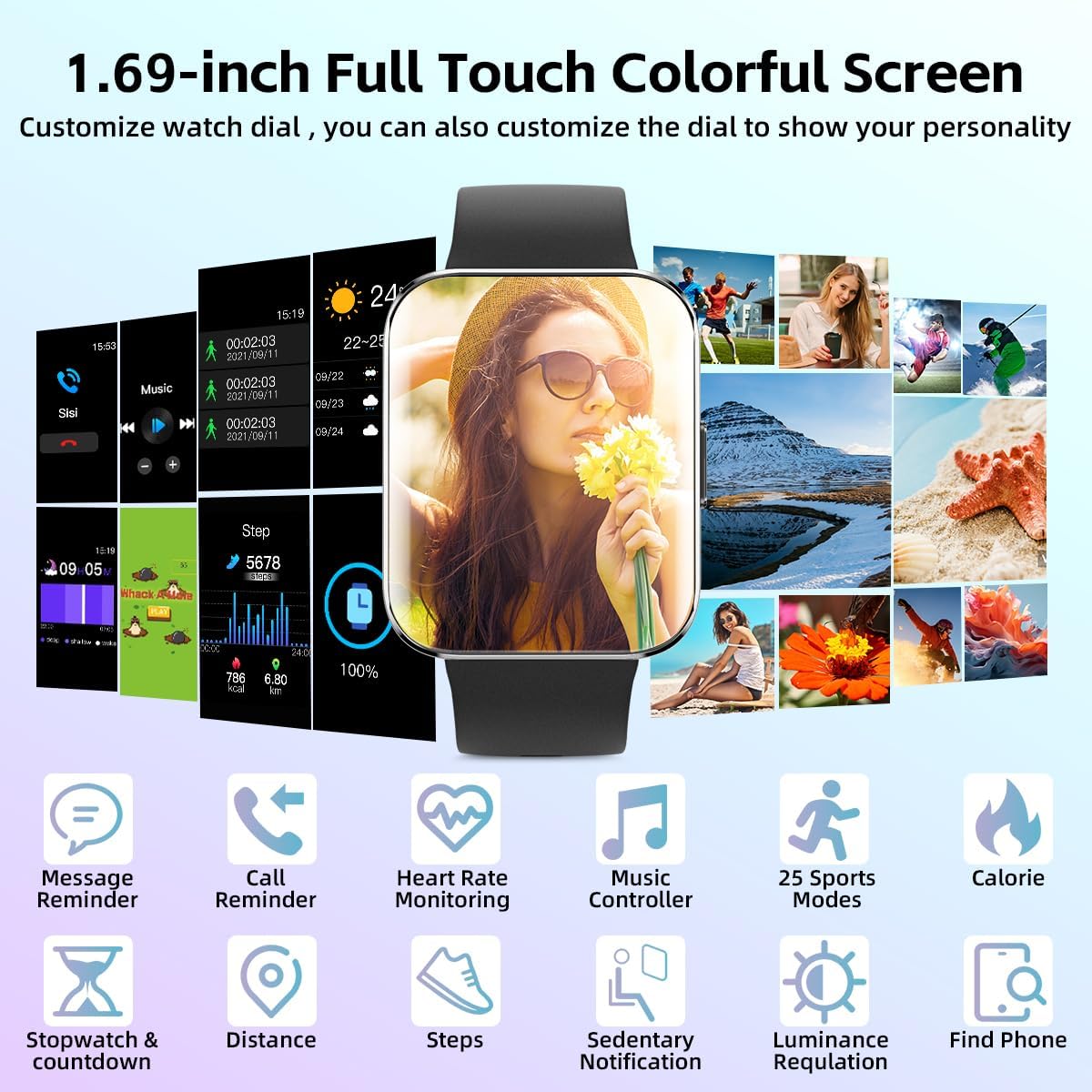 Rogbid K21 Smart Watch display showing various customizable watch faces and icons for features like message reminder, call reminder, heart rate monitoring, music controller, 25 sports modes, calorie, stopwatch & countdown, distance, steps, sedentary notification, luminance regulation, and find phone.
