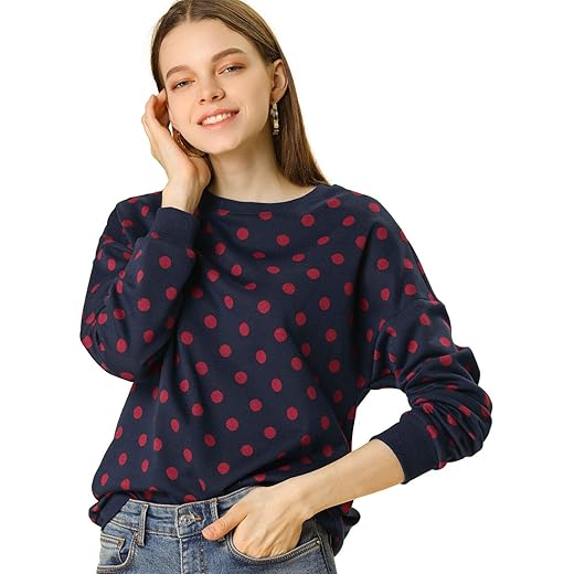 Allegra K Women's Winter Fall 2023 Knitted Pullover Sweatshirts Long Sleeve Polka Dots Sweater Small Pink