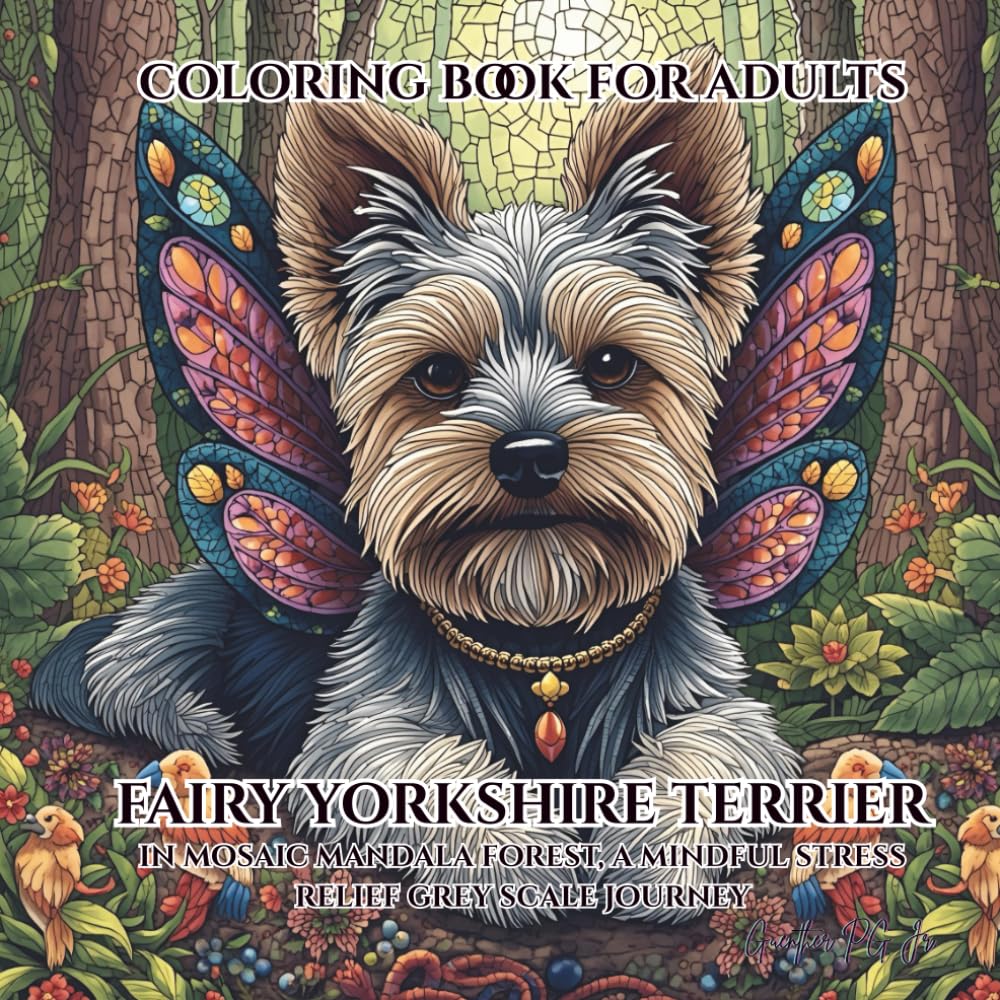 coloring book for adults fairy Yorkshire terrier in mosaic mandala forest: a mindful stress relief grey scale journey