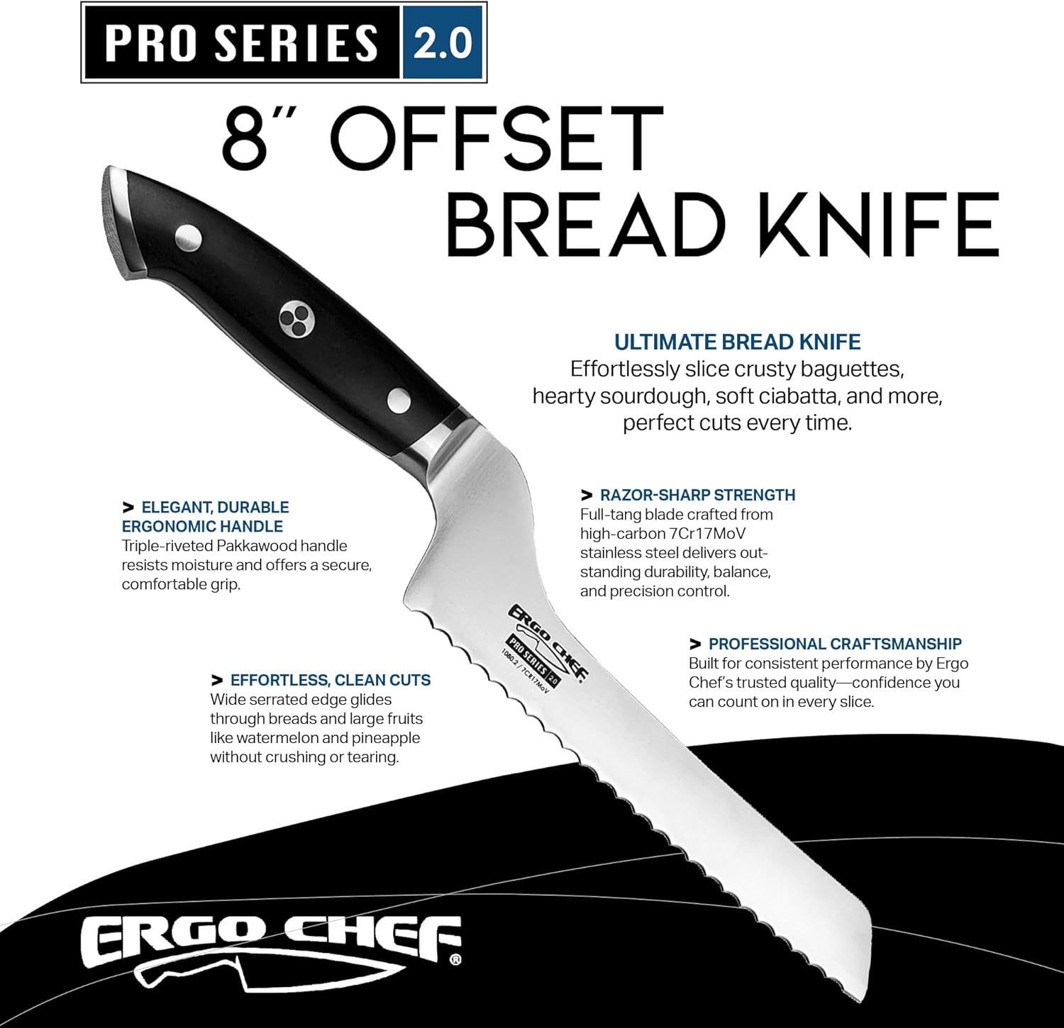 Ergo Chef Pro Series 2.0 8-Inch Serrated Offset Bread & Deli Knife – Forged High Carbon 7Cr17MoV Stainless Steel Blade with Ergonomic Pakkawood Handle for Smooth Cutting