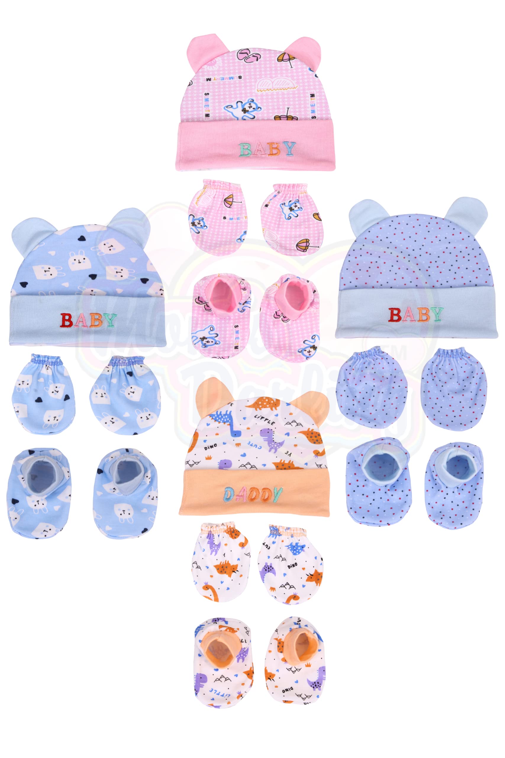 MOM'S DARLINGMOM'S Darling Cotton Cap, Mittens and Booties Set for New Born Baby (0-6 Months) - Pack of 4 Pairs for Baby Boy & Girl 0-6 Months| New Born Baby Products | Baby Shower Gift, Cap Set(Multicolor)