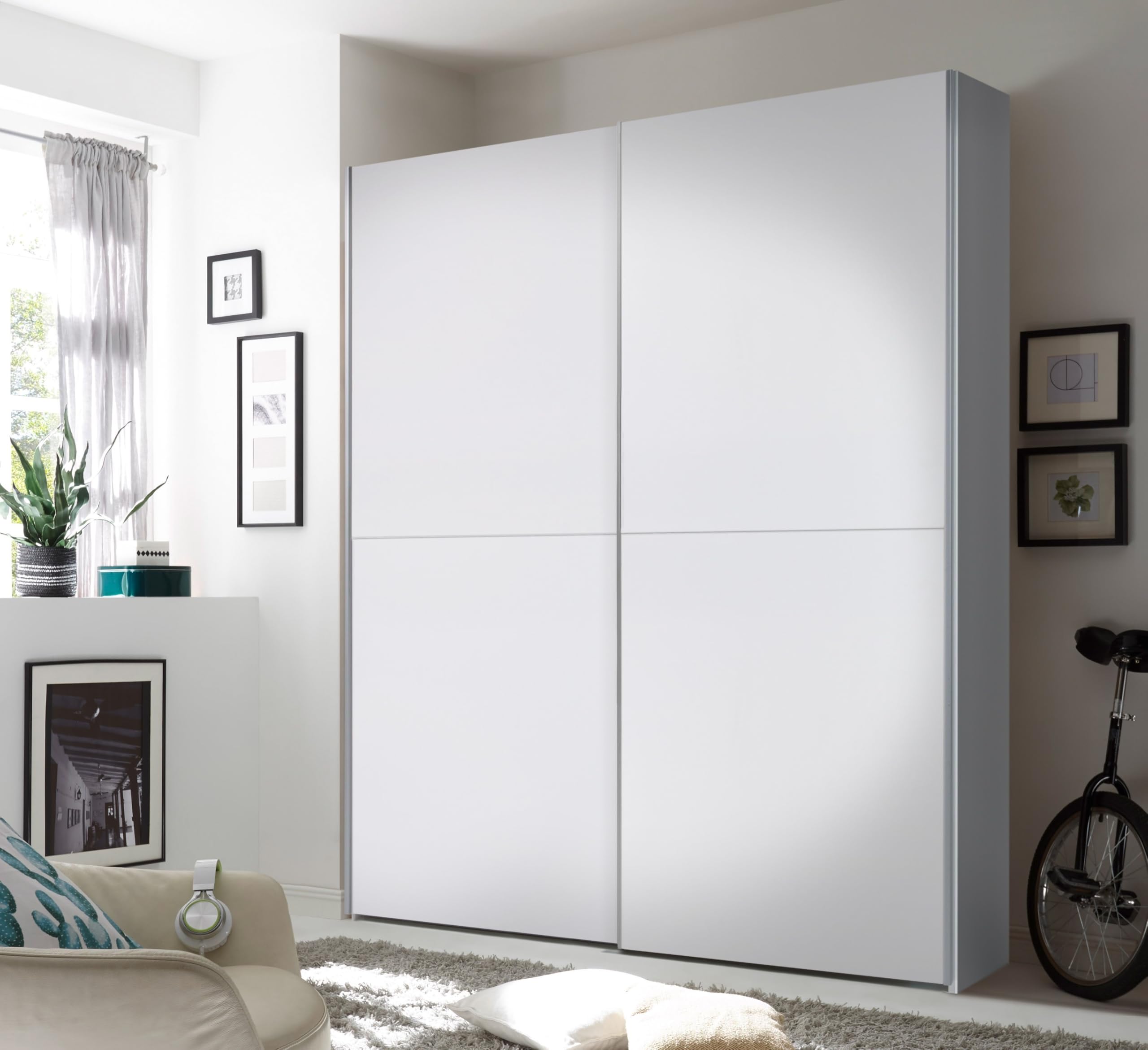 Armadio Scorrevole, 2 Ante, 170 cm Larghezza, 59 cm Profondità, 195 cm Altezza, Legno laminato Bianco