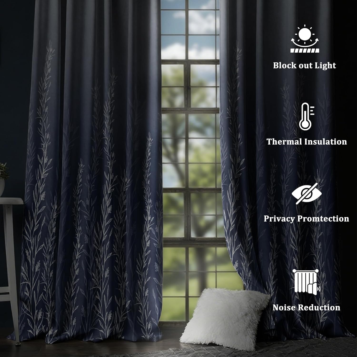 AWERT Botanic Printed Blackout Curtains 84 Inches Long 2 Panels Aquatic Plant Romantic Elegant Thermal Insulated Room Darkening Window Treatments for Bedroom Living Room Each Size 53x84 Inches