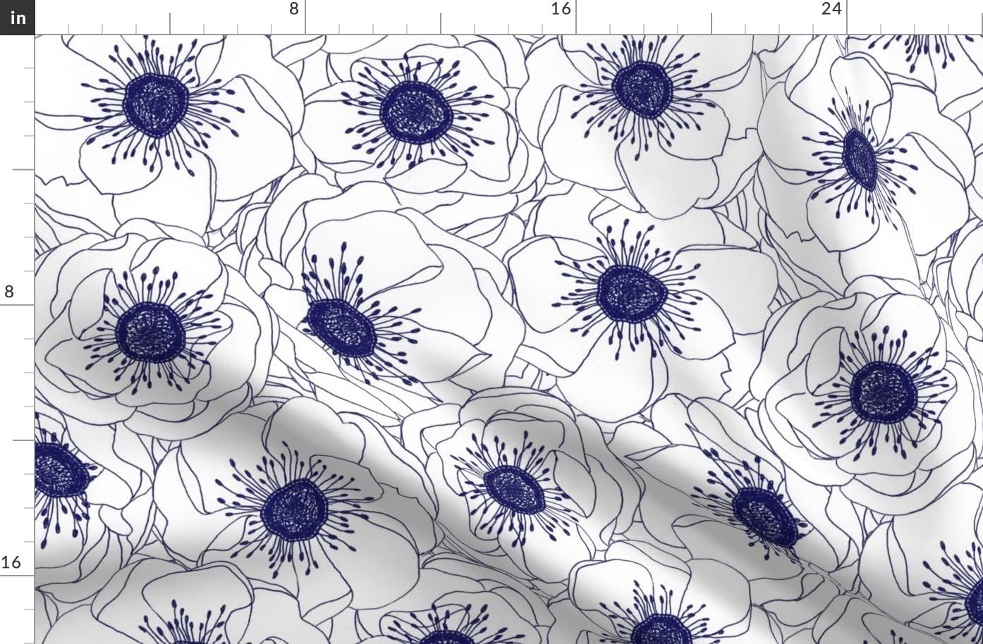 Spoonflower Fabric - White Navy Flowers Floral Botanical Poppy Poppies Blue Orange Printed on Organic Cotton Sateen Fabric by The Yard - Sewing Quilting Apparel Home Decor