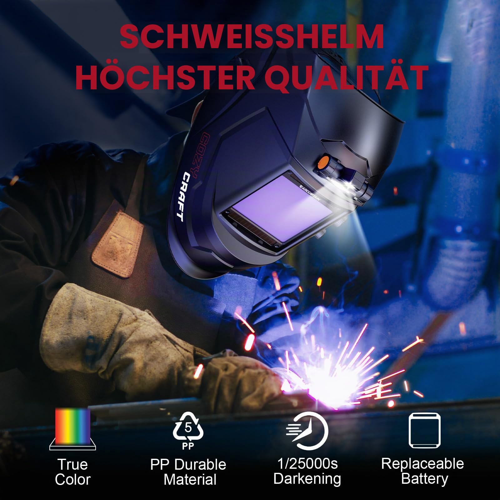 ARCCAPTAIN Schweißhelm mit großer Sicht, 10 x 9,3 cm, echte Farbe, automatische Verdunkelung, mit Licht, solarbetriebene Schweißhaube, 4 Lichtbogen-Sensoren, breiter Schatten 4/5-9/9-13 für Stick MIG