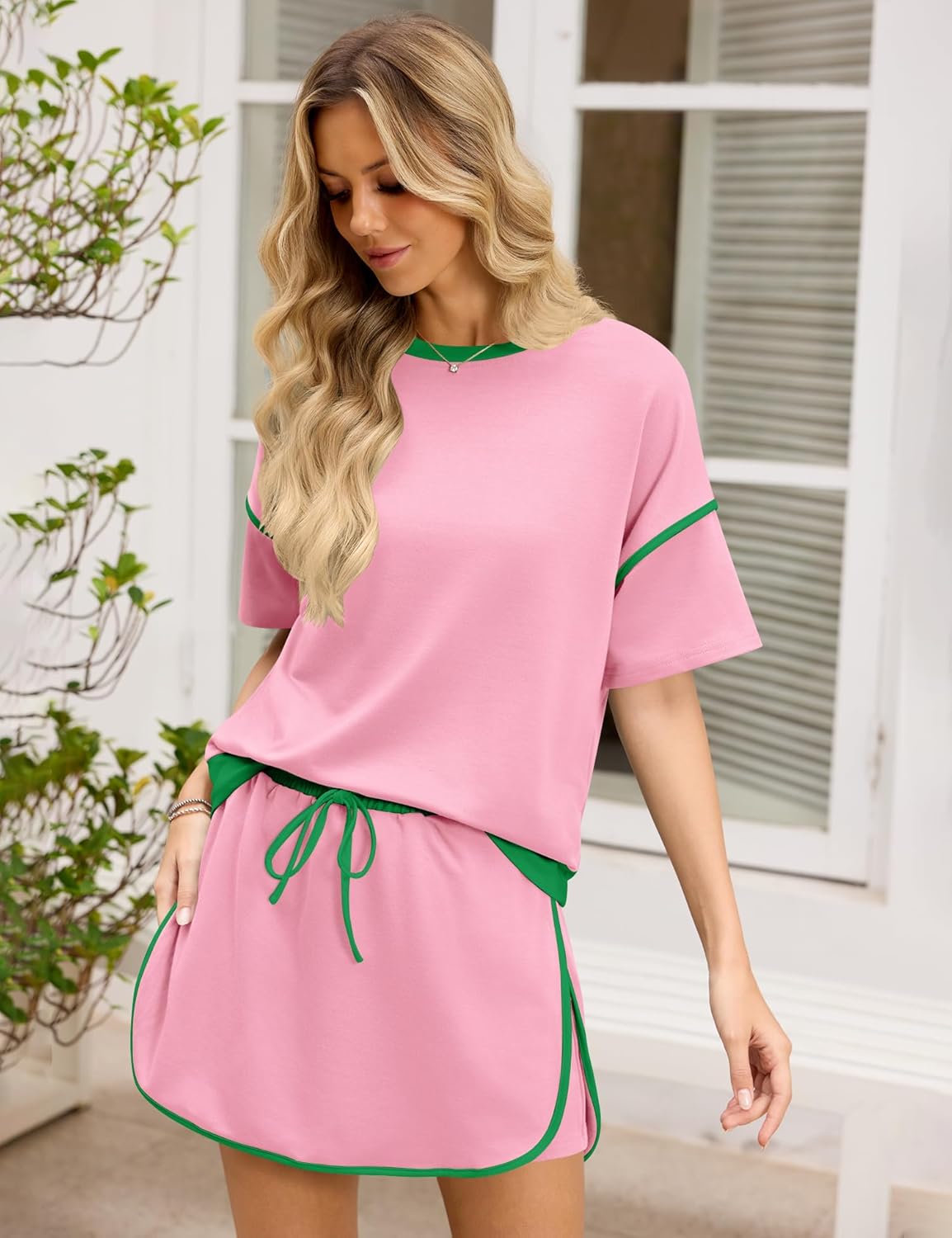 Rapbin Women's 2 Piece Sets Summer Casual Short Sleeve Tops Matching Drawstring Mini Skirt Going Out Lounge Outfits - Image 4