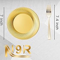Vista 3 de N9R 60 platos de postre de plástico dorado con tenedores y 72 vasos de plástico dorados