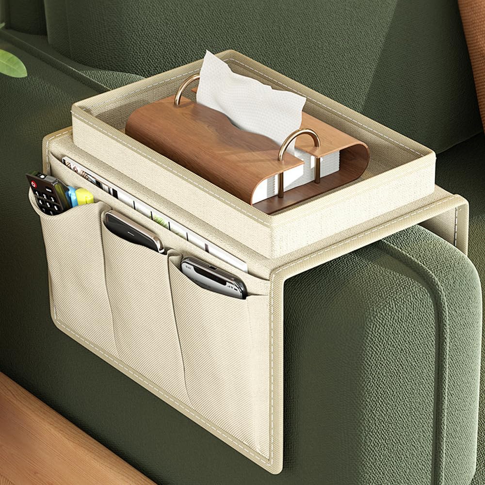 Vassoio organizer per bracciolo del divano, borsa portaoggetti per bracciolo del divano, anti-fuoriuscita telecomando e supporto per cellulare (bianco)