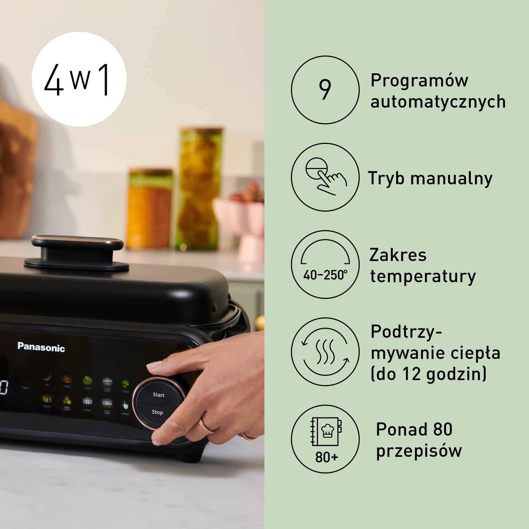 Panasonic NF-GM400KXE Garnek Elektryczny Multicooker 4 w 1, 1400 W, 40-250°C, 9 trybów automatycznych, 4 płyt,system odprowadzania dymu,tace nadające się do mycia w zmywarce, przewód 2.5 m, czarny