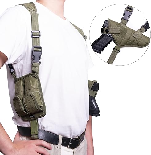 Miniatura 2 de POYOLEE Funda de hombro para pistolas, funda vertical ajustable para pistola con doble bolsa de cargador, funda de transporte oculta universal que