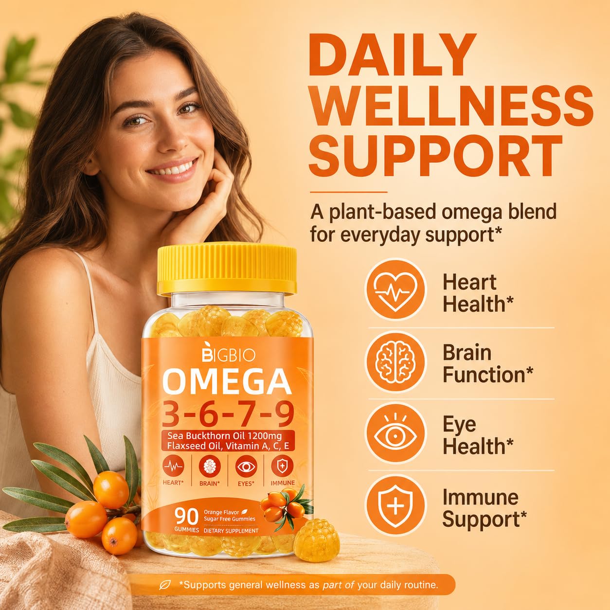 Omega 3-6-7-9 Gummies, Organic Sea Buckthorn Oil 1200MG & Flaxseed Oil 500MG, Vegan Omega 7 Supplement w/Vitamin A, C, E, Fatty Acids, No Fish Taste, Supports Skin, Eye, Immune, Brain Health, 90 Cts — Amazon image 2