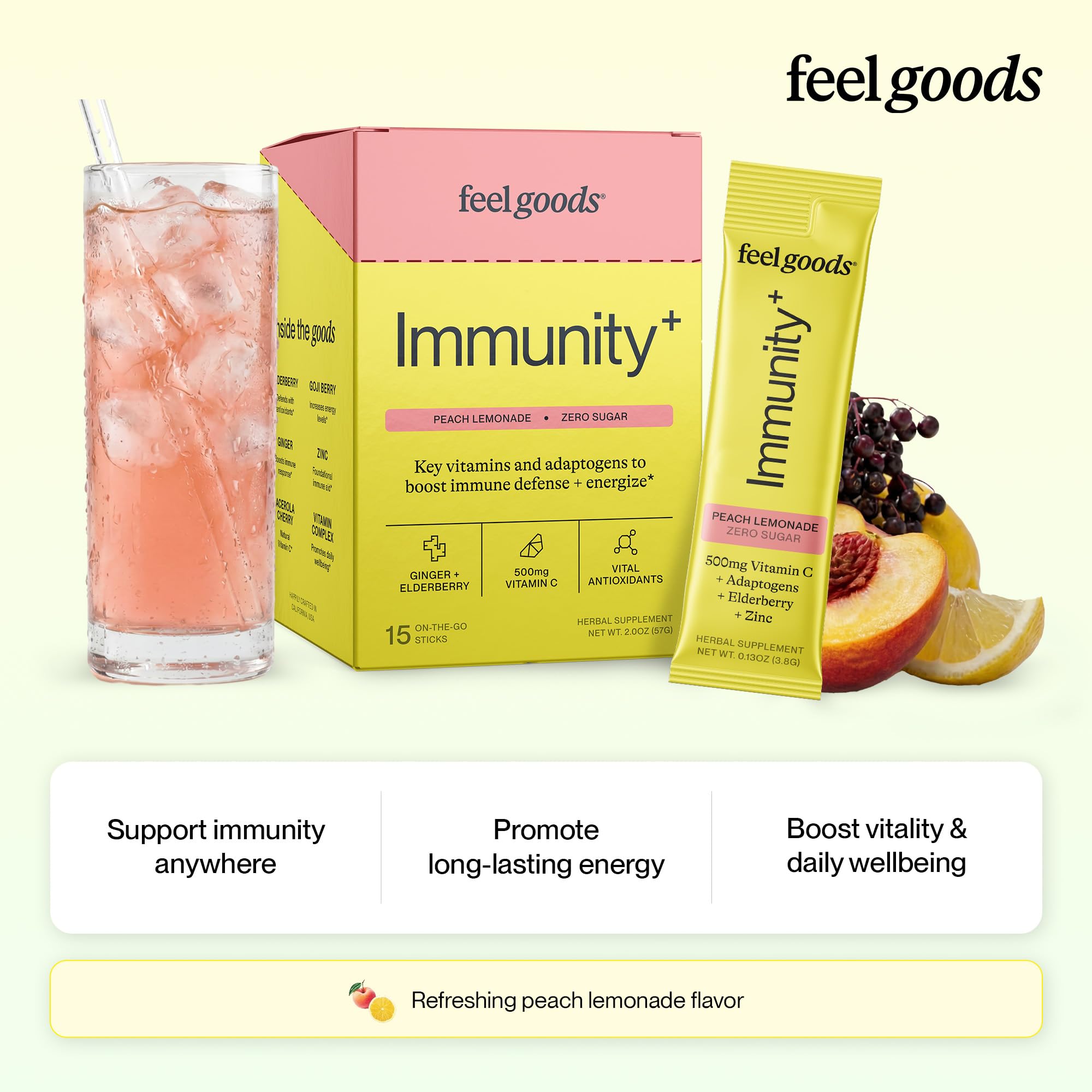 Feel Goods Immunity+ 500mg Vitamin C, Immune Support, Adaptogens, 15 Ct — Amazon image 2