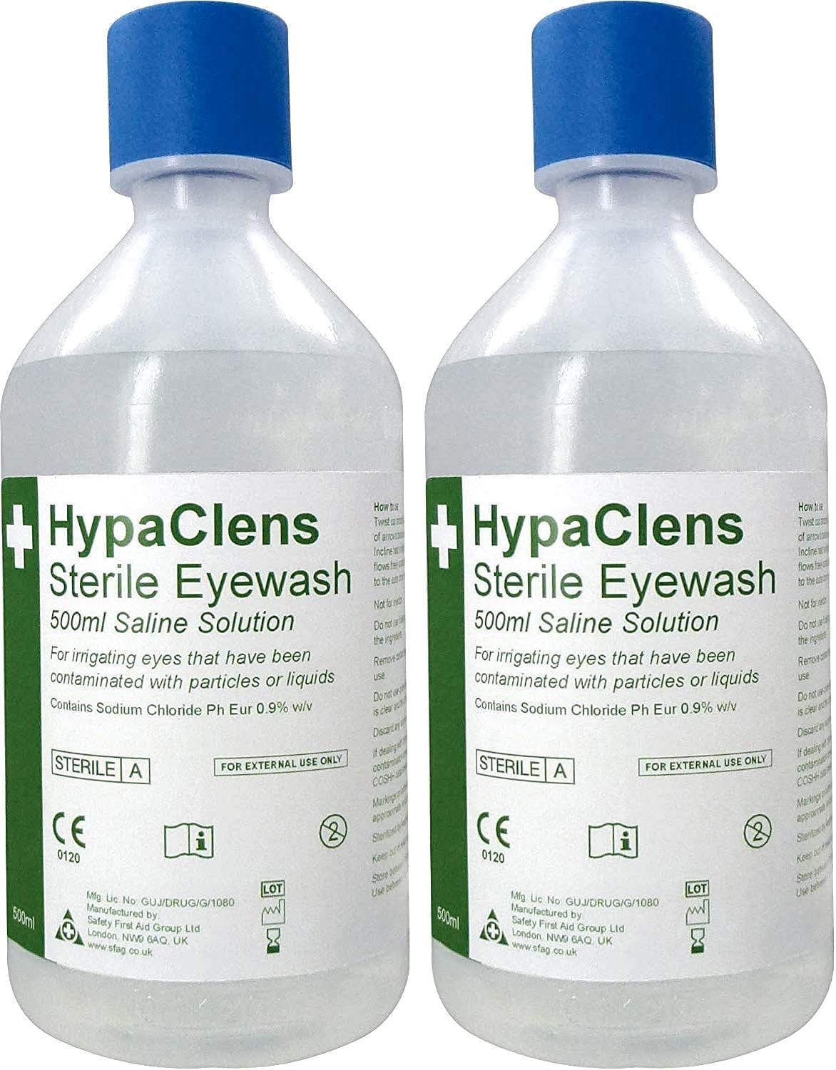 HypaClens Emergency Sterile Saline Solution Eye Wash Bottle (500 ml) - 0.9% Sodium Chloride Solution (Pack of 2)