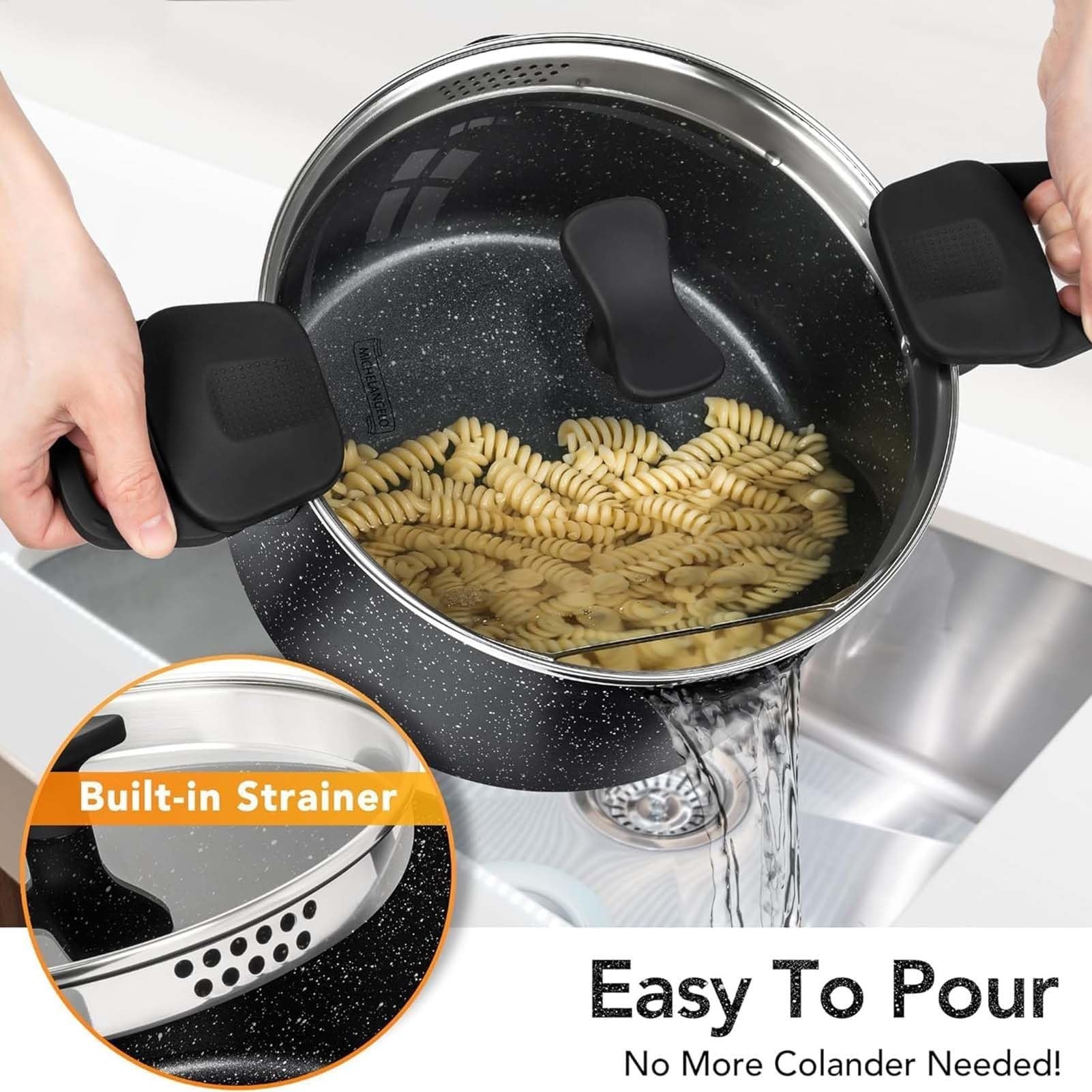 Garnek do makaronu o pojemności 6 litrów z pokrywką-cedzak, garnek do spaghetti kompatybilny z indukcją, garnek do zupy z uchwytami typu twist and lock, garnek do gotowania z nieprzywierającą pow