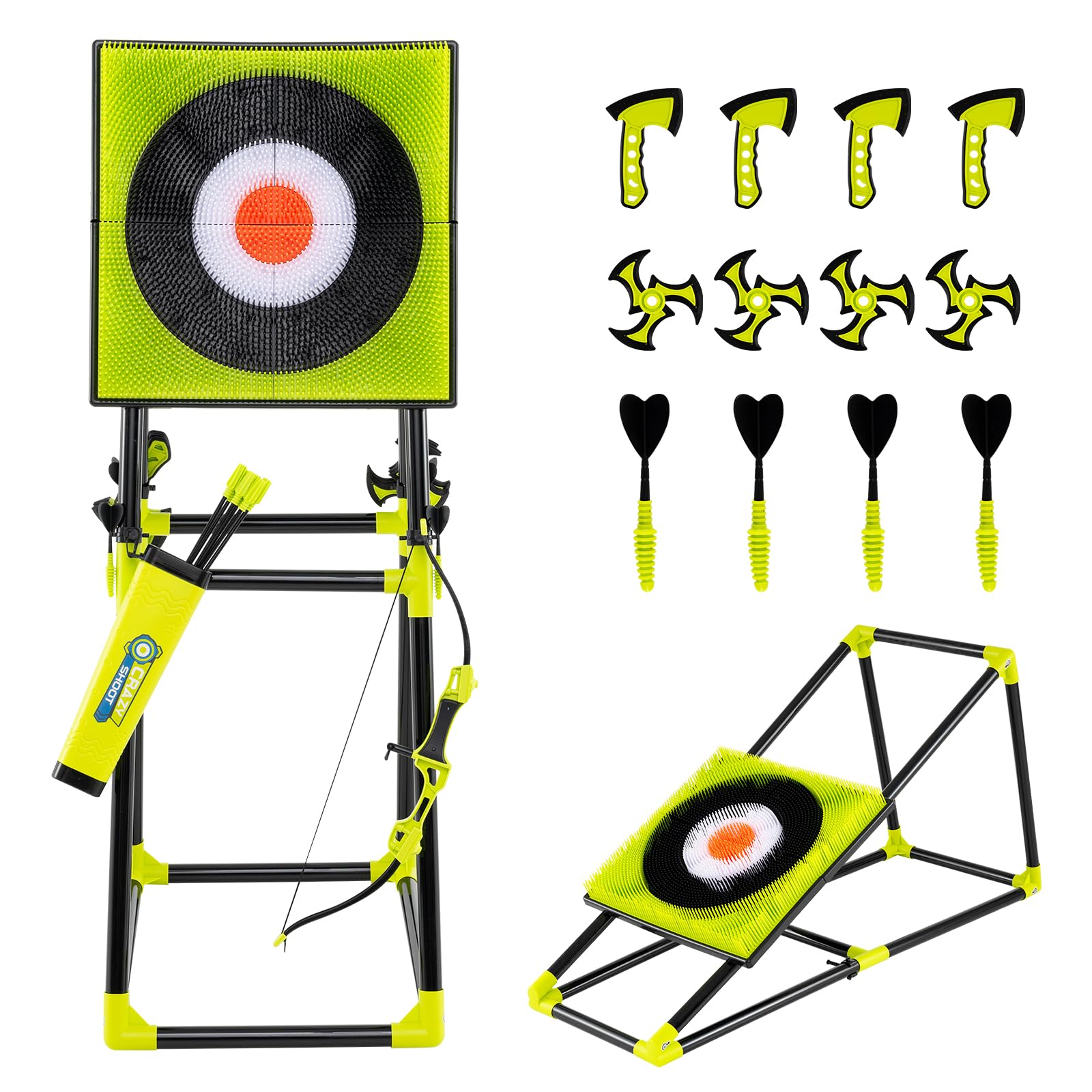 COSTWAY 4 in 1 Set di Arco e Frecce per Bambini | Set da Gioco con Asce da Lancio, Freccette , Freccia, Arco e Bersaglio, da Interno ed Esterno