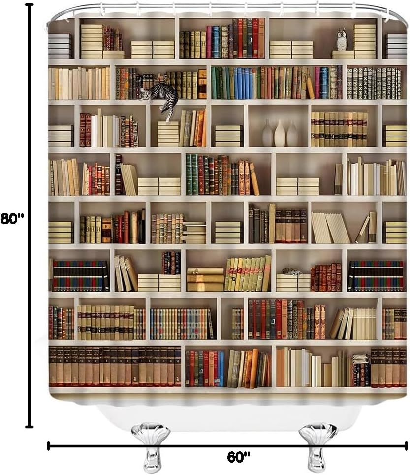 Bookshelf Shower Curtain Library Cat Vintage Educational Bookcase Readable Book Wooden Antique House Hippie Art Wall Bathroom Decor Curtain with Hooks,60W x70 H
