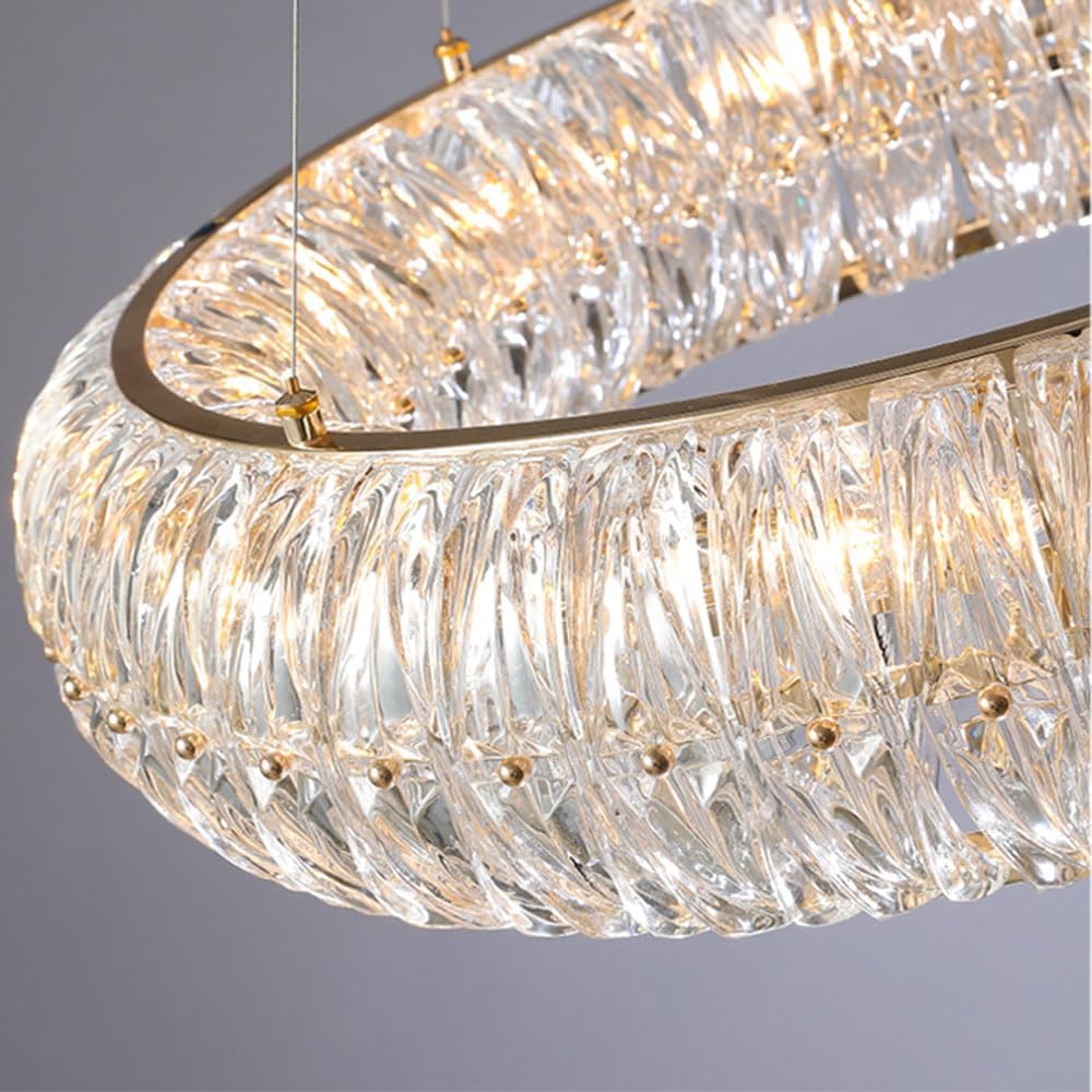 Modern Crystal Chandelier 23.6" Gold Ring Pendant Hanging Ceiling Light with Adjustable Height Round Chandelier Light Fixtures for Dining Living Room Kitchen Island Entryway