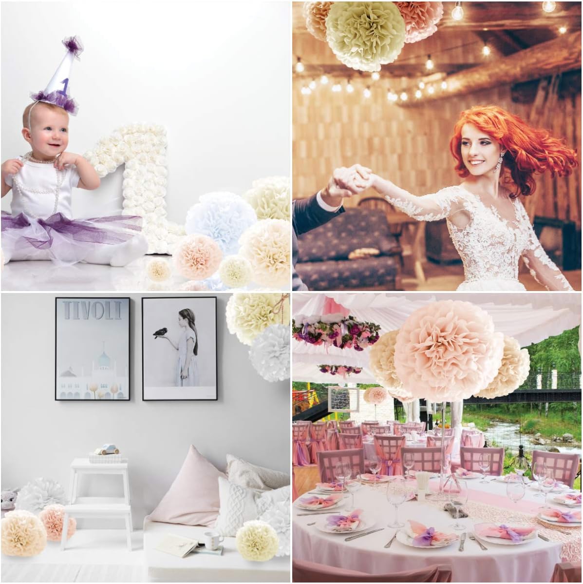 Natural Neutral Colors Tissue Paper Pom Poms [24 Pack - Sizes 14", 10", 8", 6" in White, Champagne, Peach, Ivory] Party Decor Pompoms - Paper Flowers for Weddings, Showers & Room Decorations : Home & Kitchen