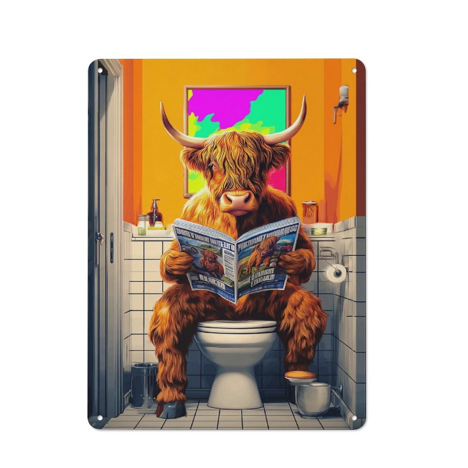 Junmoney Highland Cow Relaxing With Magazine Rustic Tin Sign 40X30cm For Lounge Or Reading Corner, For Vintage Wall Decor Fans, For Garage And Workshop Walls