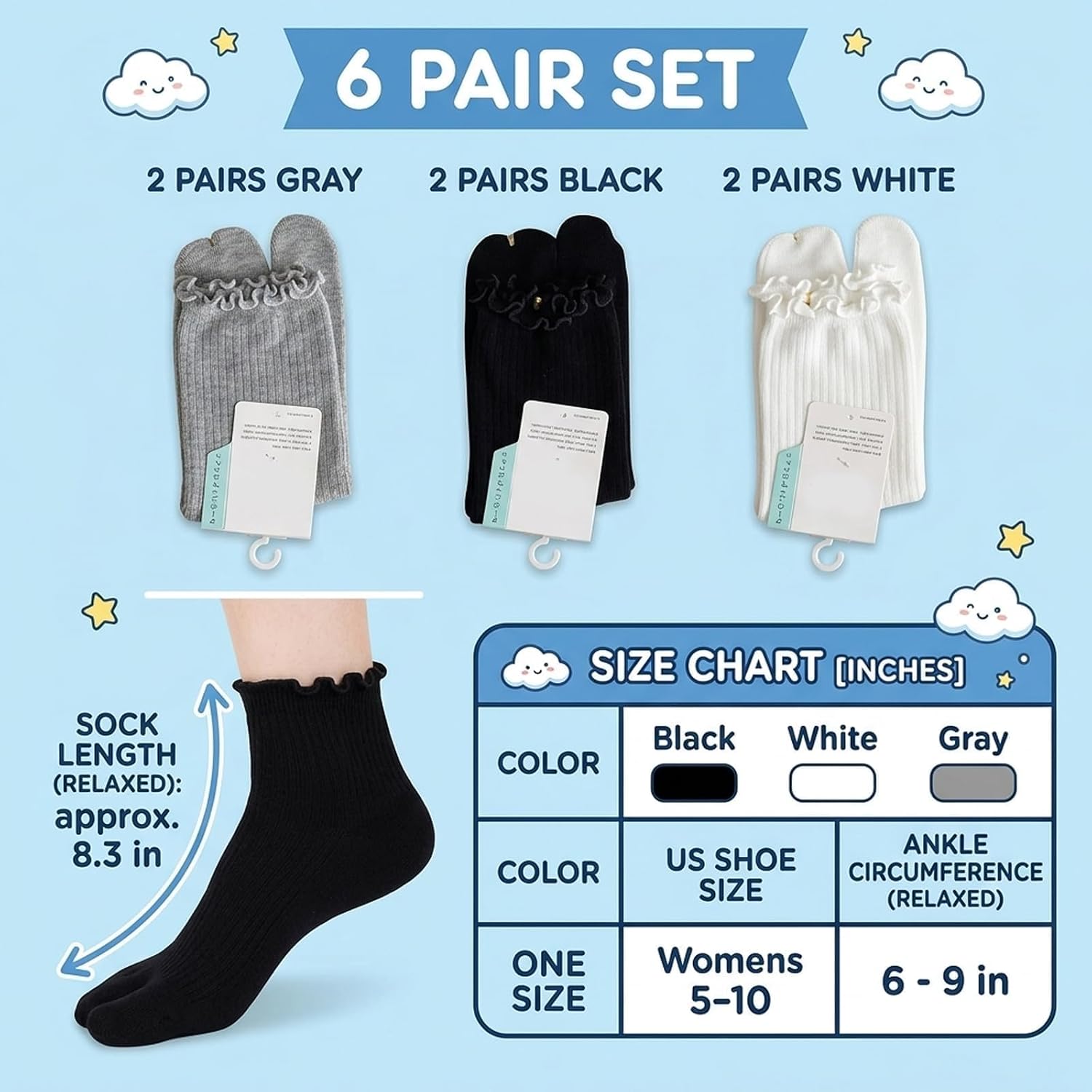6Pairs Japanese Split Toe Socks for Men and Women, Comfortable Socks for Daily Wear with Sneakers and Sandals