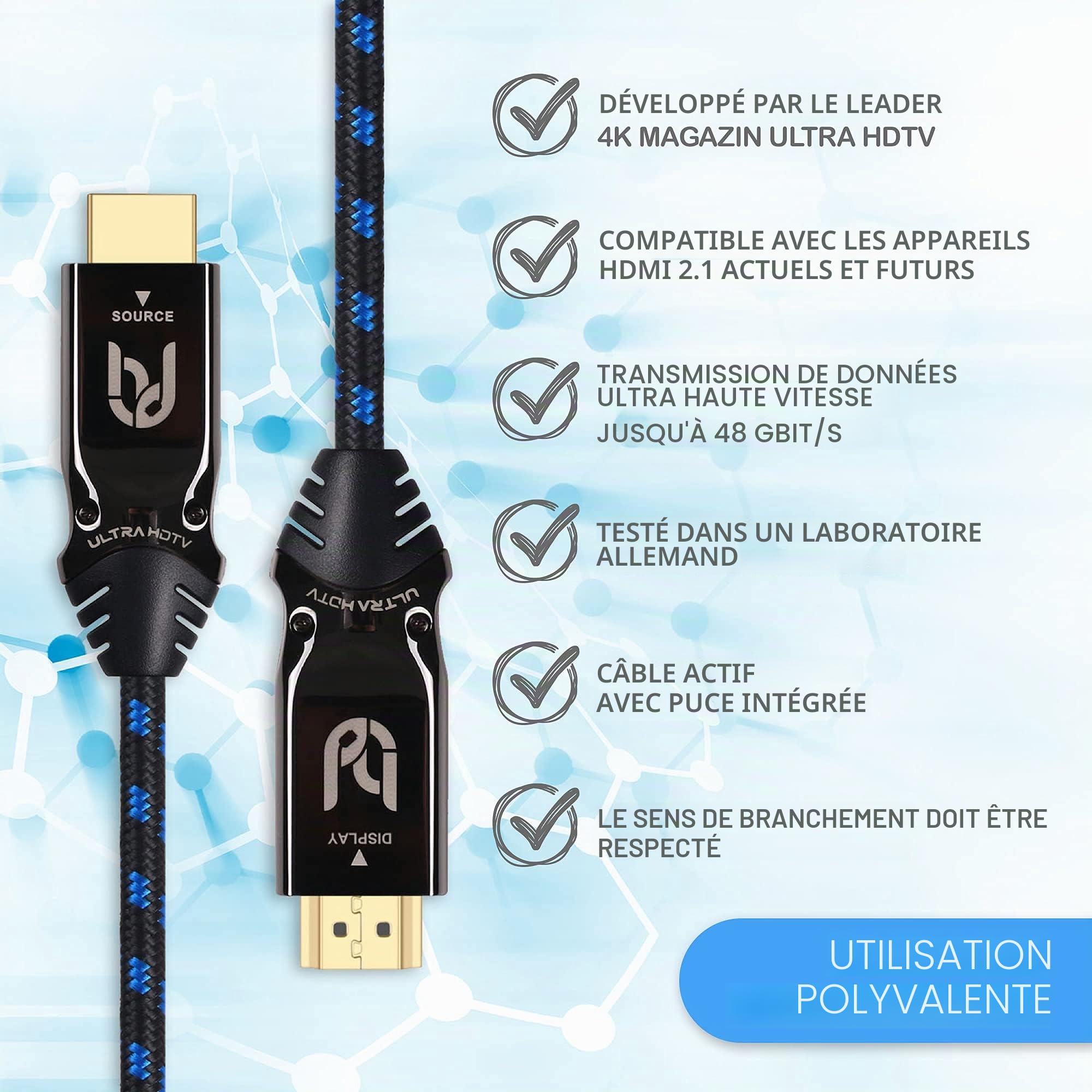 Ultra HDTV Câble HDMI 8K - Câble HDMI 2.1 High Speed ​7m (48 Gbps) pour 8K@60Hz & 4K@120Hz - puce intégrée - protection kink - gaine nylon