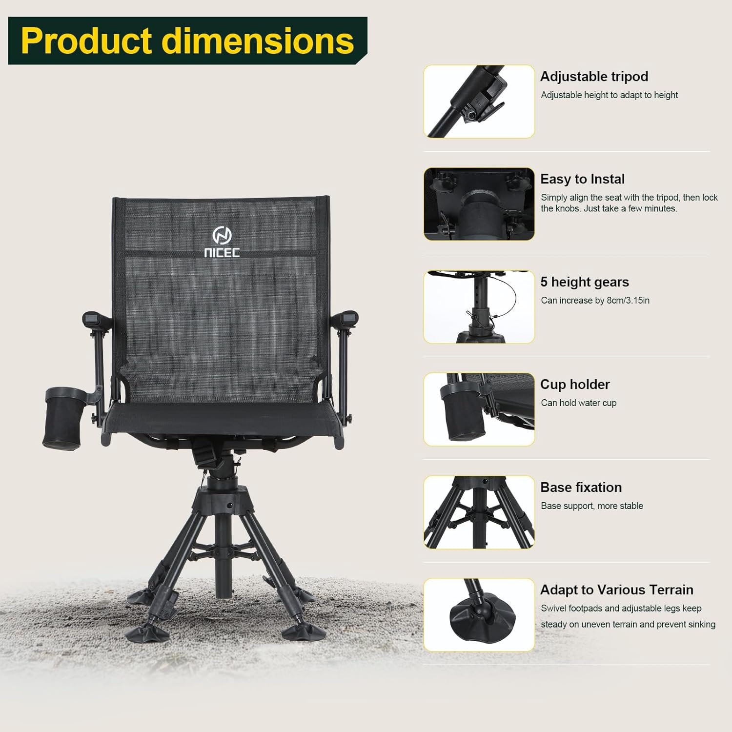 Nice C Swivel Hunting Chair, 360 Degree Rotating Silent Hunting Blind Chair, Turkey Chairs, Strutter Chairs, with Adjustable Height, Armrest, No-Sink Feet, Shoulder Strap, Cup Holder