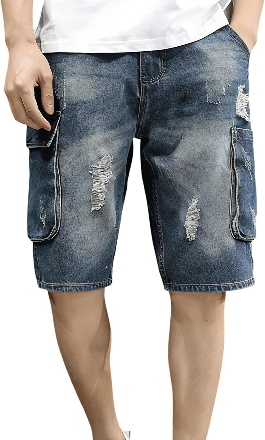 Men's Ripped Jean Shorts Multi-Pocket Denim Cargo Shorts Cotton Casual Vintage Short Jeans