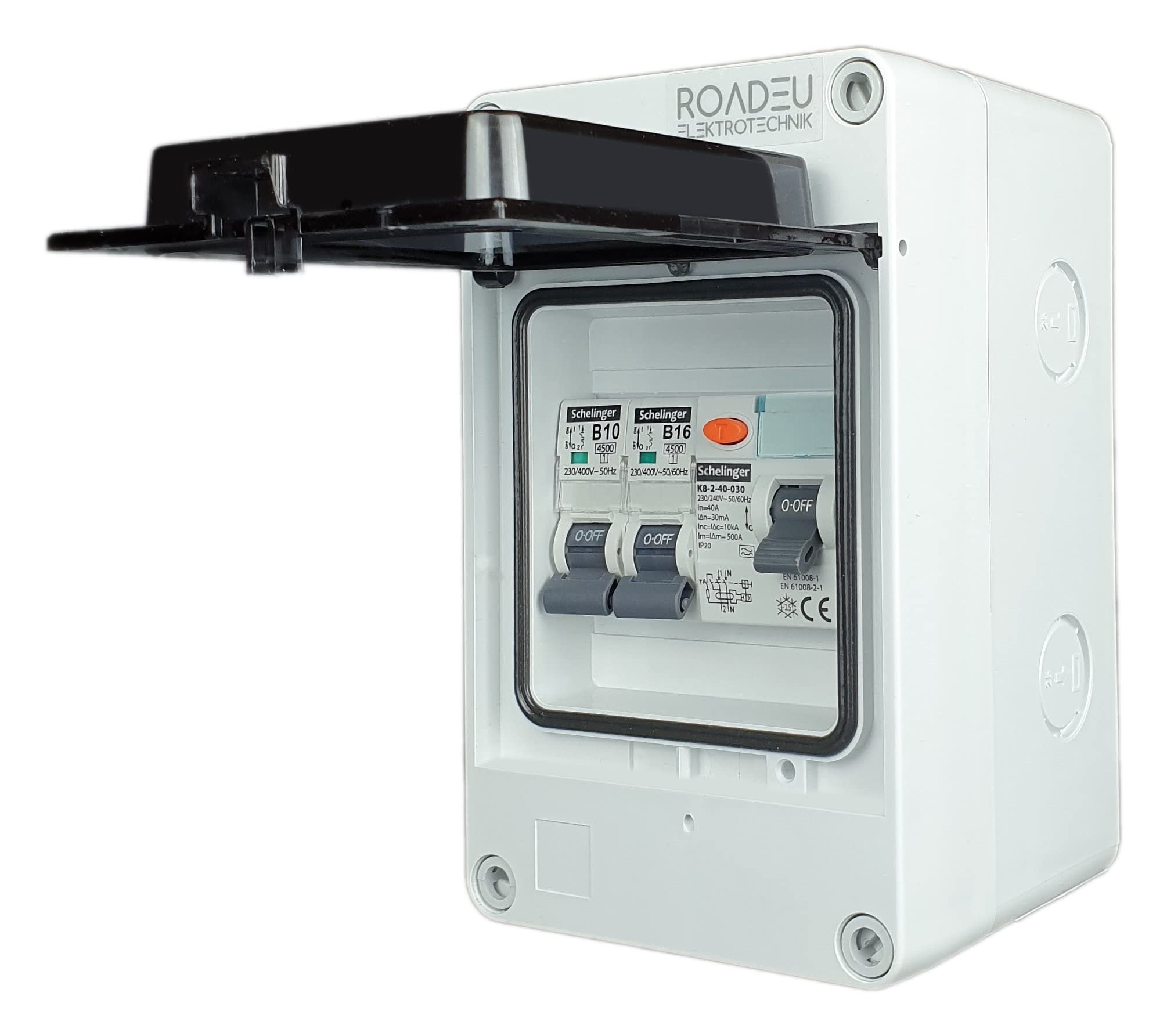RoadEu - 2 Way UK Consumer Unit, RCD and 2x MCB Circuit Breakers 10A 16A Type B Outdoor Weatherproof IP65 Shed Garage