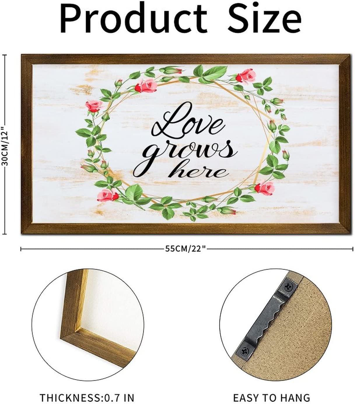 Love Grows Here Framed Wood Sign Fresh Rose Flower Wreath Hanging Wall Art Sign Classic Botanical Artwork Home Wall Hanging Sign Decoration for Bedroom Kitchen Living Room Table 12x22 Inch