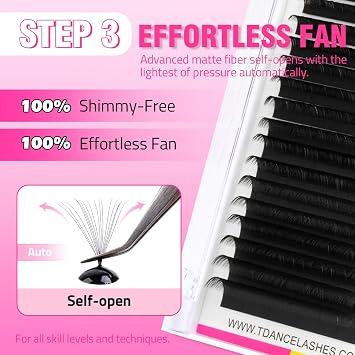 TDANCE Shimmy-Free Lash Extension Self Fanning Eyelash Extension True Matte Black Ultra Lightweight Volume Lash Extensions for Professional Salon Use(0.05-D,13-20mm)