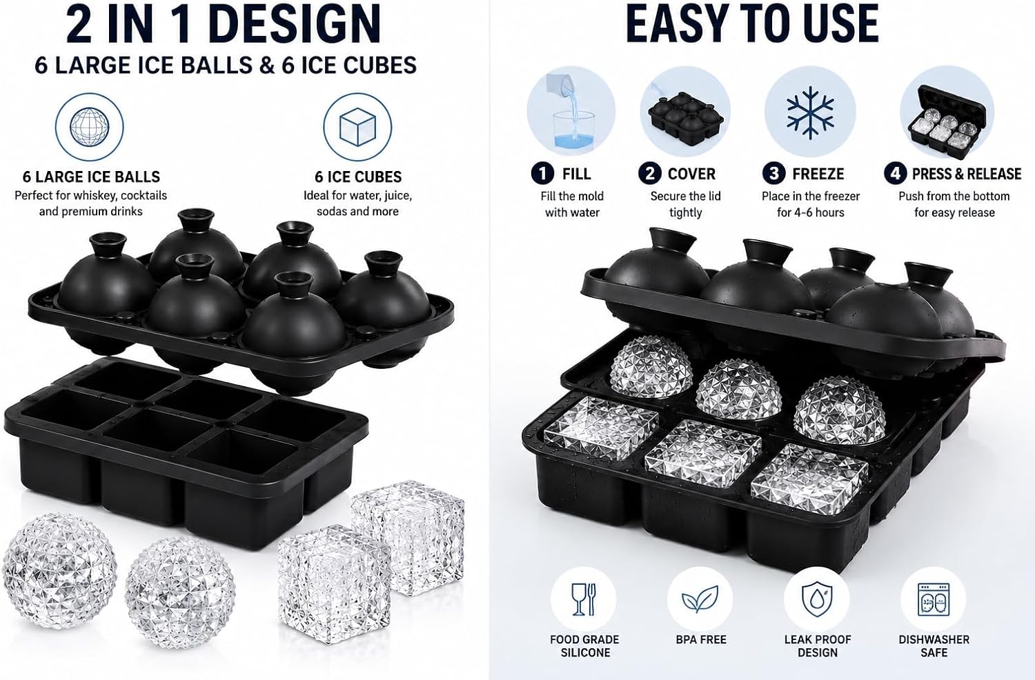 Ice Cube Trays Set of 2 – Large Square & Sphere Ice Molds, Slow Melting Silicone Ice Cube Makers, BPA Free, Easy Release for Whiskey, Cocktails & Drinks