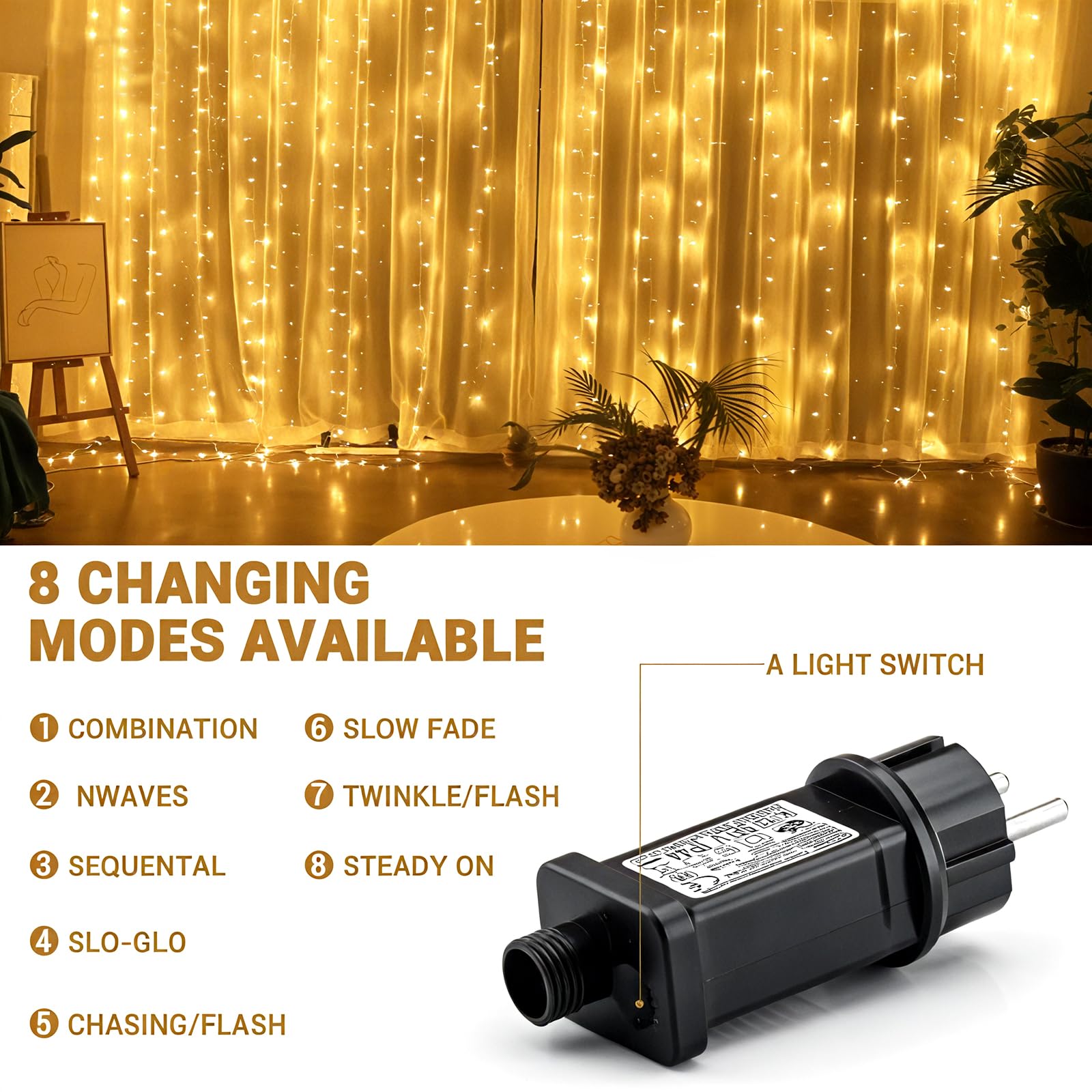 Avoalre Cortina de Luces Navidad 2 * 3M 300LED Luces Navidad 8 Modos Función de Memoria y Tándem, Impermeable IP44 para Exterior Interior Ventana Escaparate Fiesta, Blanco Cálido