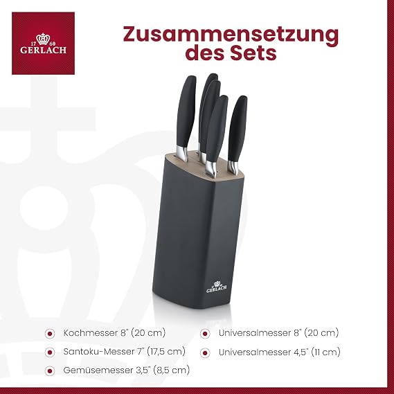 Gerlach Style Plus Knife Set Kitchen Knife Set 5 Stainless Steel Knives Chef's Knife Bread Knife Vegetable Knife Kitchen Utensils Kitchen Accessories Black