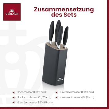 Gerlach Style Plus Knife Set Kitchen Knife Set 5 Stainless Steel Knives Chef's Knife Bread Knife Vegetable Knife Kitchen Utensils Kitchen Accessories Black
