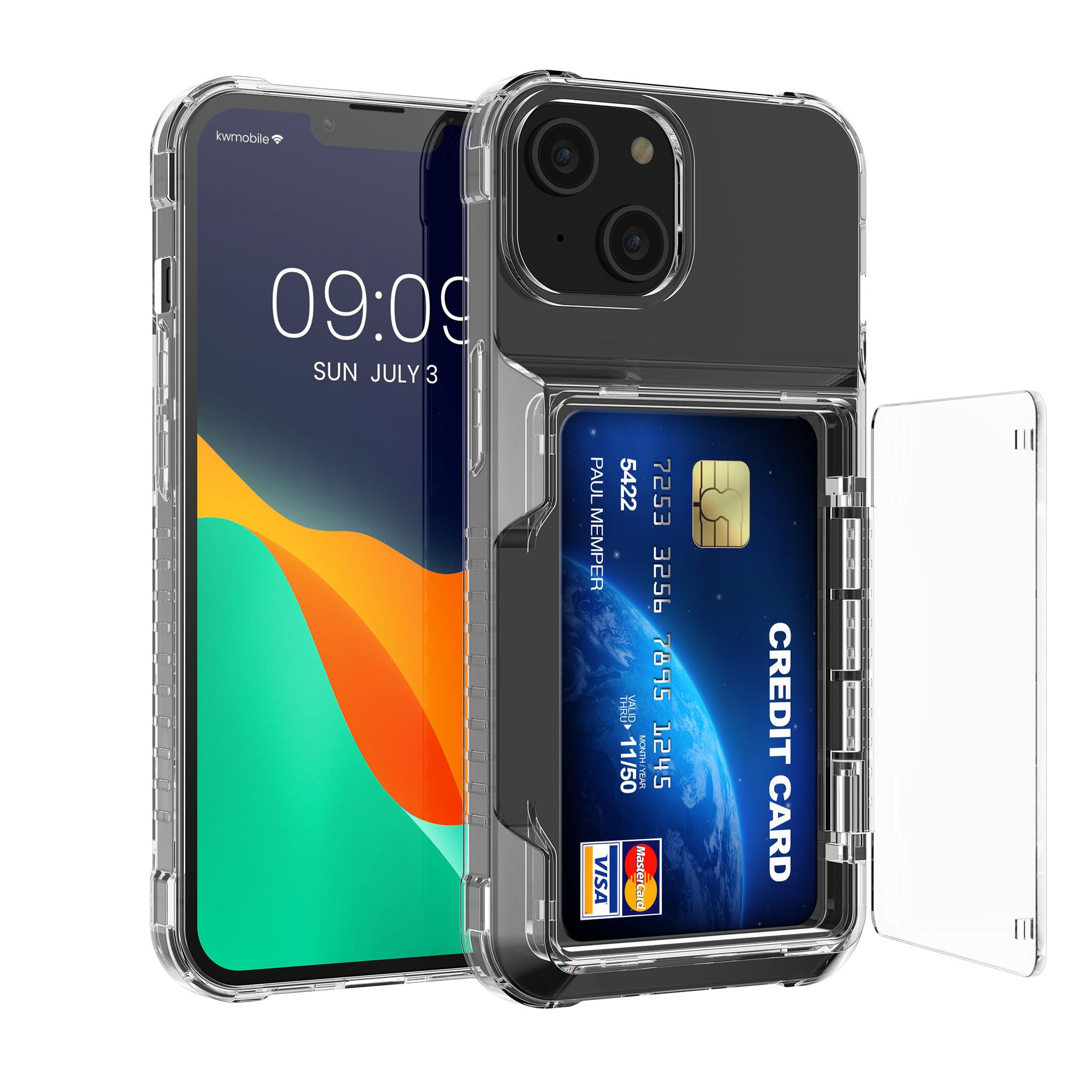 kwmobile Case with Card Holder Compatible with Apple iPhone 13 Case - Clear Hard Cover with Soft Bumper - Transparent