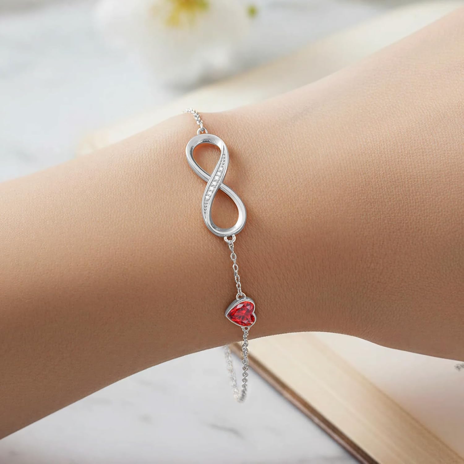 CDE Infinity Heart Birthstone Charm Link Bracelet for Women 925 Sterling Silver Adjustable Mother's Day Valentine's Day Christmas Day Gift Anniversary Birthday Jewelry for Wife Girlfriend Her