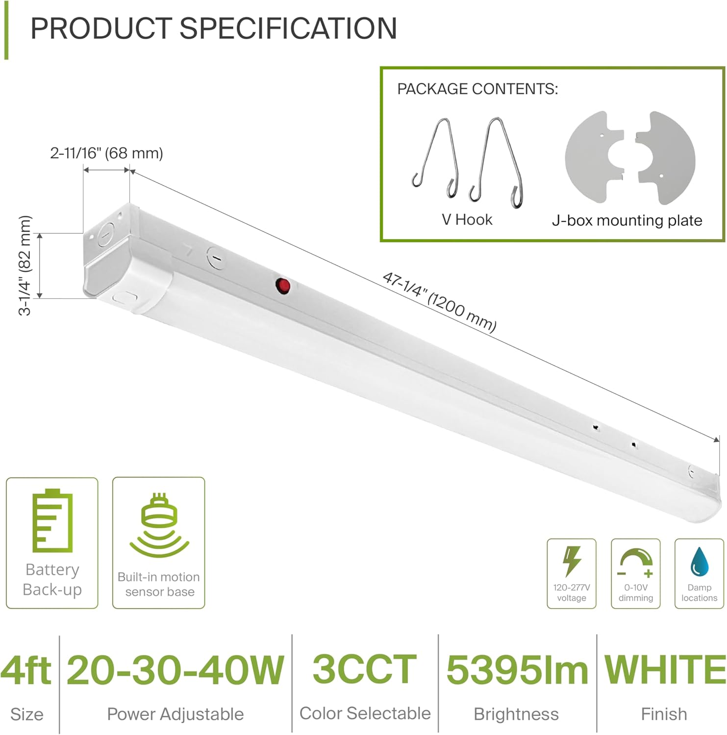 ASD 4ft LED Linear Strip Light Fixture with Emergency Battery Backup & Q-Base | 20W-40W 120-277V 3500K-5000K Adjustable Linkable LED Shop Light | UL DLC Stairwell Certified Luminaire